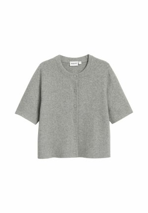Grå strikket cardigan med korte ærmer, rund hals og knappelukning. Blød tekstur, diskret design og en afslappet, cropped pasform.