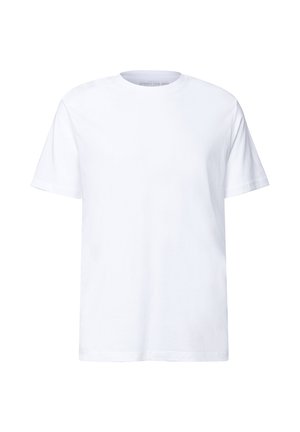 Maglietta a maniche corte bianca a girocollo con una vestibilità comoda, esposta su uno sfondo bianco.