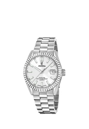 Srebrni Festina quartz ručni sat s bijelim brojčanikom, svijetlećim oznakama, prikazom datuma na 3 sata i metalnom narukvicom s povezima.