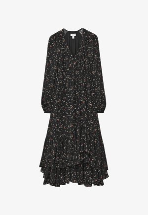 Schwarzes Blumenkleid mit V-Ausschnitt, langen Puffärmeln und fransigem Saum. Es hat ein Muster aus kleinen bunten Blumen auf einem dunklen Hintergrund.