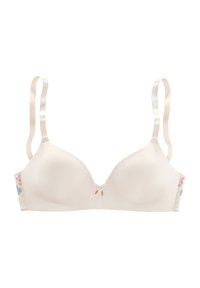 Bežs polsterēts krūšturis ar gludu audumu, regulējamiem satīna siksniņām, ziedu izšuvumiem sānos un mazu loku centrā.