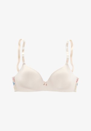 Soutien-gorge rembourré beige avec un tissu lisse, des bretelles en satin réglables, des broderies florales sur les côtés et un petit nœud au centre avant.