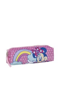 Astuccio rosa con motivo a pois, caratterizzato da un'immagine di un personaggio e un arcobaleno. Il materiale sembra essere tessuto con chiusura a zip.