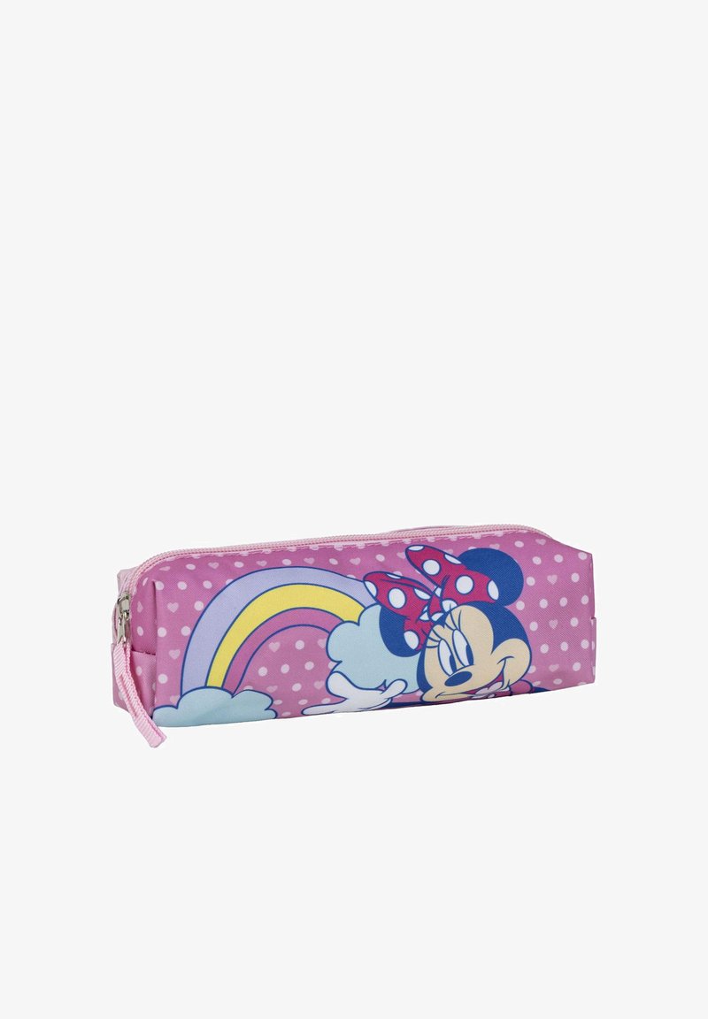 Astuccio rosa con motivo a pois, caratterizzato da un'immagine di un personaggio e un arcobaleno. Il materiale sembra essere tessuto con chiusura a zip.