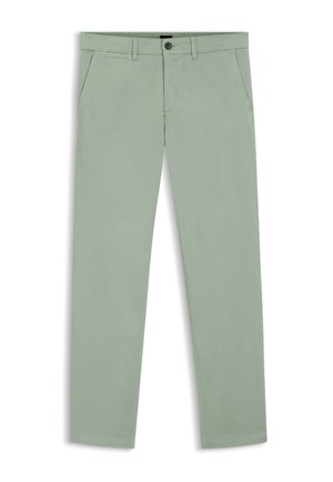 Slim-fit light green trousers with side pockets, belt loops, front button, and zip closure, displayed on a white background.