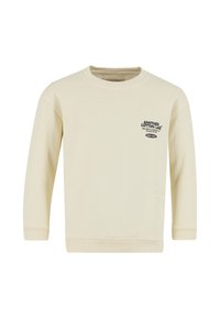 Světlý krémový mikina s dlouhými rukávy, žebrovanými manžetami a lemem. Na přední straně černý nápis s logem. Vyrobeno z měkkého bavlněného materiálu.