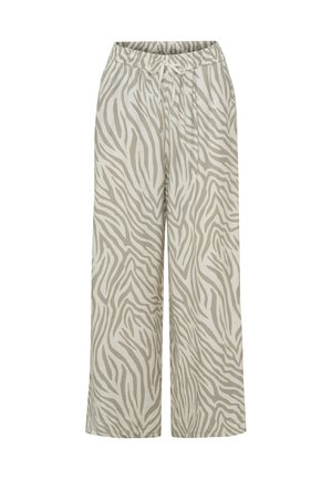 Bukser med vide ben med gråt og hvidt zebra print, elastisk talje og snøre foran.