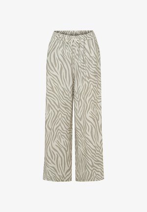 Bukser med vide ben med gråt og hvidt zebra print, elastisk talje og snøre foran.