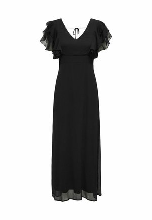 Zwarte maxi-jurk met V-hals, gerimpelde korte mouwen en strikdetail op de rug. Transparente stof bedekt de stevige voering.