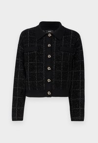 Cardigan nero lavorato a maglia con colletto, caratterizzato da un motivo a quadri e chiusure con bottoni dorati, maniche lunghe e due tasche frontali.