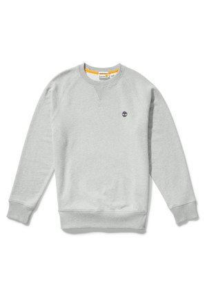 Grå sweatshirt med ribbede manchetter og kant, med rund hals og et lille logo på brystet. Blød tekstur og afslappet design.