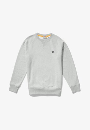 Grå sweatshirt med ribbede manchetter og kant, med rund hals og et lille logo på brystet. Blød tekstur og afslappet design.