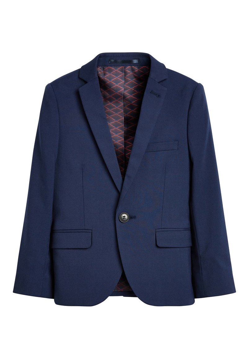 Blazer bleu marine à un bouton avec revers crantés, poches à rabat, et doublure intérieure en satin à motifs, présenté sur un fond blanc.