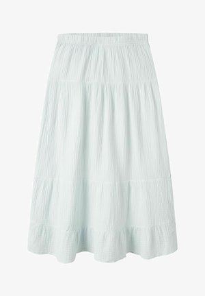 Jupe bleu clair jusqu'aux genoux avec une taille élastique et un tissu texturé froissé à volants.