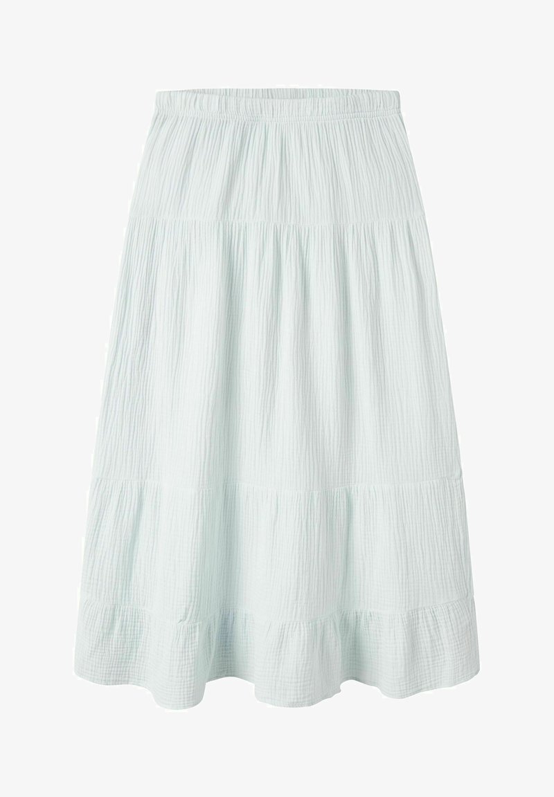 Jupe bleu clair jusqu'aux genoux avec une taille élastique et un tissu texturé froissé à volants.