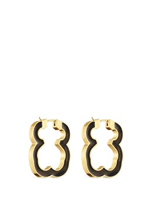 Kolczyki kółka w złotym odcieniu z czarną emalią wewnątrz, w kształcie stylizowanego konturu misia, z zapięciem na zatrzask.