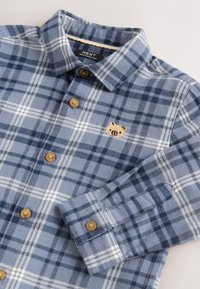 Kék kockás flanel ing, nagy tengerészkék és fehér négyzetekkel, barna gombokkal, és a mellkason egy kis malac hímzéssel.
