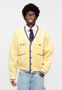 Κίτρινη ζακέτα με κάθετες ναυτικές μπλε ρίγες, με λαιμόκοψη V, ξύλινα κουμπιά και μπροστινές τσέπες. Φορεμένη πάνω από ροζ πουκάμισο και γραβάτα.