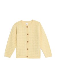 Cardigan giallo a maglia con un motivo a onda, maniche lunghe e cinque bottoni in legno sulla parte anteriore. Polsini e orlo a costine.