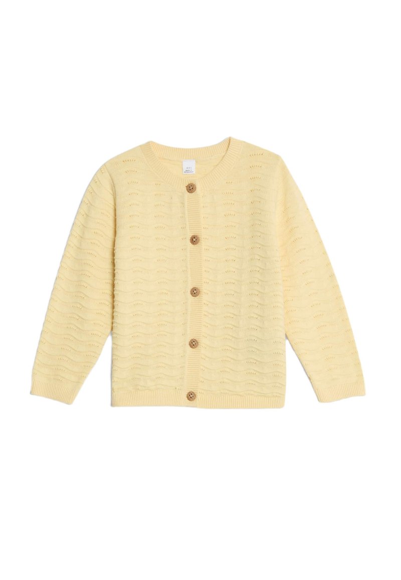 Cardigan giallo a maglia con un motivo a onda, maniche lunghe e cinque bottoni in legno sulla parte anteriore. Polsini e orlo a costine.