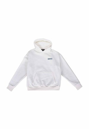 Sudadera blanca de algodón con un bolsillo frontal, puños y bajo de canalé, que presenta "DROPSIZE" impreso en azul en el pecho. Textura suave.