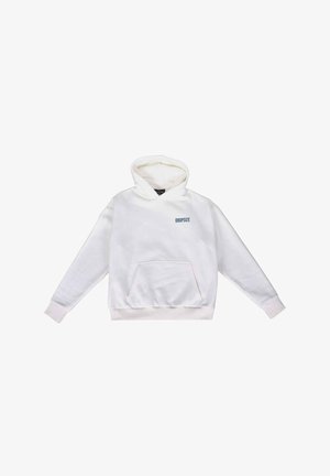 Weißer Baumwoll-Hoodie mit Fronttasche, gerippten Bündchen und Saum, mit "DROPSIZE" in Blau auf der Brust bedruckt. Glatte Textur.