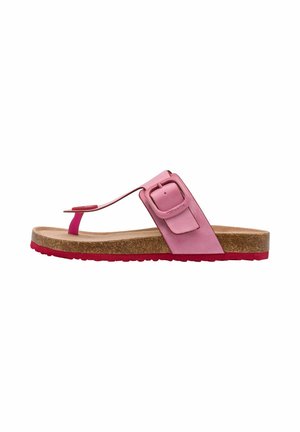 Pink thong sandal with a wide strap and adjustable buckle, cork footbed, and rubber sole highlighted in contrasting red.