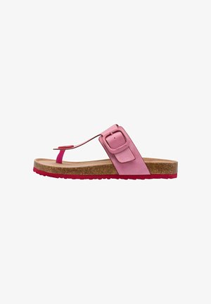 Pink thong sandal with a wide strap and adjustable buckle, cork footbed, and rubber sole highlighted in contrasting red.