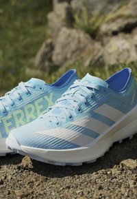 Ανοιχτό μπλε παπούτσια trail running Adidas Terrex με λευκές ρίγες σε βραχώδες έδαφος και θολό φυσικό φόντο.