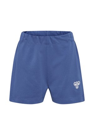 Blaue Sportshorts mit elastischem Bund. Glatte Textur und ein kleines weißes Logo-Detail auf der unteren linken Seite.