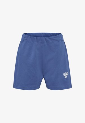 Niebieskie sportowe spodenki z elastycznym pasem. Gładka faktura oraz małe białe logo na dolnej lewej stronie.