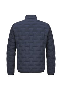 Marineblaue, gesteppte Steppjacke mit elastischen Bündchen und Saum. Verfügt über einen hohen Kragen und dezentes Branding im Nackenbereich.