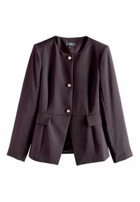 Tumesinine kohandatud jakk, valmistatud siledast kangast, millel on ümmargune kaelus, kolm kuldset nööpi ja kaks esitaskut.