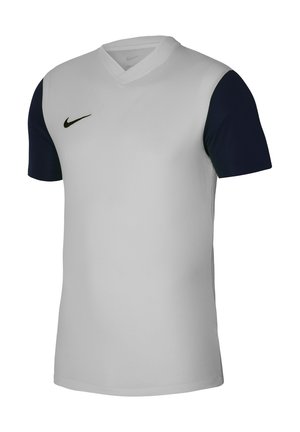 Maglia da calcio Nike con corpo bianco e maniche corte blu navy. Presenta un design a V e un piccolo logo nero sul petto.