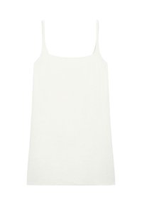Weißes, ärmelloses Tanktop mit dünnen Trägern, aus weichem Stoff. Gerader Schnitt mit quadrischem Ausschnitt, mit glatter, gleichmäßiger Oberfläche.