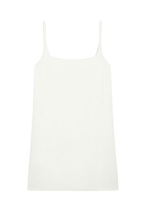 White, sleeveless tank top with thin straps, made from soft fabric. Straight cut with a square neckline, featuring a smooth, even texture.