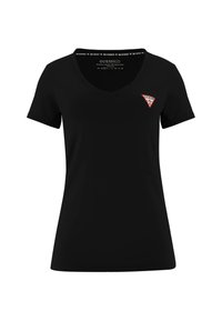 Zwarte V-hals t-shirt gemaakt van zachte stof, met een klein rood driehoeklogo en witte tekst op het linkerbovenborstgebied. Korte mouwen.