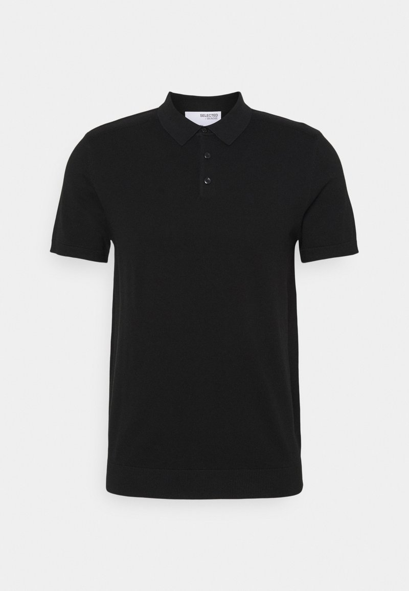 Polo shirt noir en coton, avec un col, patte de boutonnage à trois boutons, et manches courtes avec poignets et ourlet côtelés.