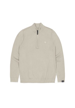 Beigefarbener Pullover mit Reißverschluss am Hals und gerippten Bündchen und Saum. Glatte Textur, minimalistisches Design, mit einem quadratischen Logodetail auf der Brust.