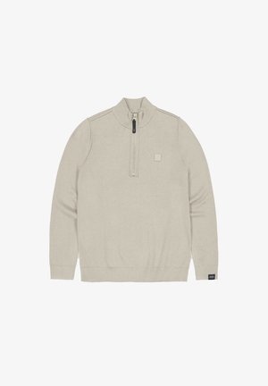 Beige ritspullover met geribde mouwen en zoom. Gladde textuur, minimalistisch ontwerp, met een vierkante logodetail op de borst.