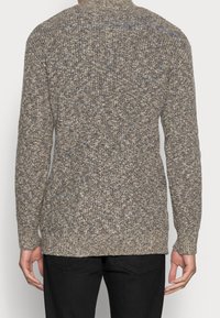 Maglione lavorato a maglia in tonalità beige e marrone, con un motivo strutturato, maniche lunghe e colletto alto; esposto di spalle.