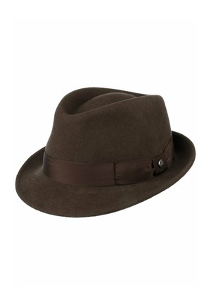 Brown felt fedora hat with a dark brown ribbon band and a small round metal emblem on the side.