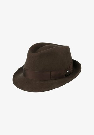 Brown felt fedora hat with a dark brown ribbon band and a small round metal emblem on the side.