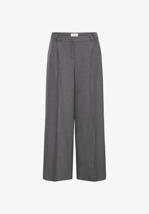Pantalon gris taille haute à jambes larges avec passants de ceinture et plis avant, étiqueté ICHI, présenté sur un fond blanc.