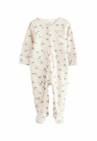 Fodret babyonesie i creme med dinosaur- og bladmønstre i grå og rust. Har lange ærmer og en frontlynlås. Fremstillet af blødt stof.