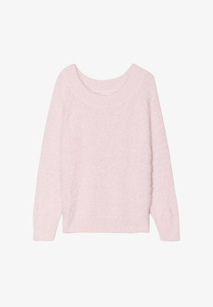 Lichtroze lange mouwen trui van zachte, gestructureerde stof met een wijd decolleté en ribgebreide manchetten aan de mouwen en onderkant.