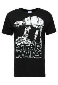 Schwarzes Baumwoll-T-Shirt mit einem weißen Grafikdesign eines AT-AT-Walkers, auf dem deutlich "IMPERIAL DOMINATION" und "STAR WARS" zu sehen sind.