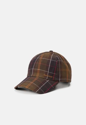 Brązowa kraciasta czapka z daszkiem z pomarańczowymi, czerwonymi i białymi liniami oraz haftowanym logo Barbour na przednim panelu.