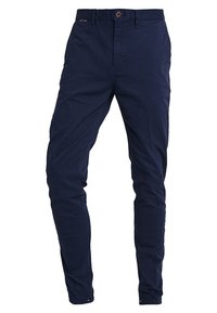 Marineblå chinos lavet af bomuldsblanding. Designet med en smal pasform, med knaplukning og minimal branding på linningen.