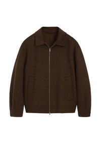 Brun uld zip-up jakke med skjortekrave, to forlommer og knapmanchetter. Har en glat tekstur og afslappet pasform.